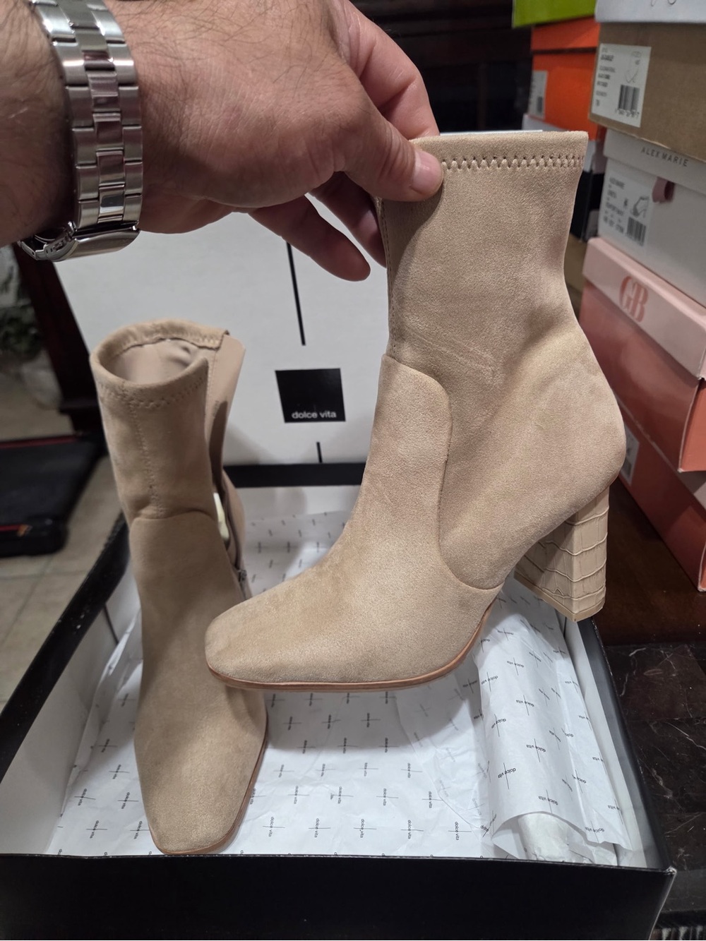 Dolce Vita Beige Suede Block Heel Sock Booties